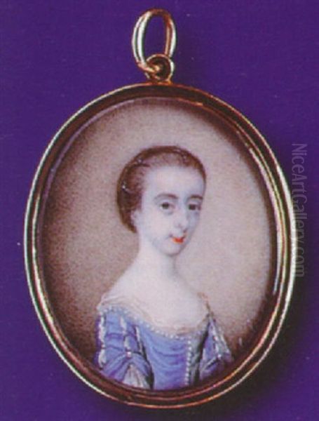 A Young Girl, Wearing Decollete Blue Dress, White Lace Underslip And Strands Of Pearls In Her Hair Oil Painting by James Scouler