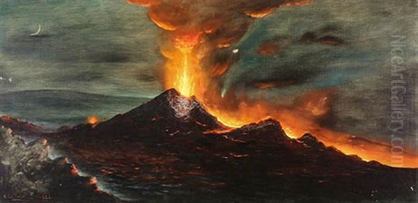 Erupting Volcano Oil Painting by Eduardo Lefebvre Scovell