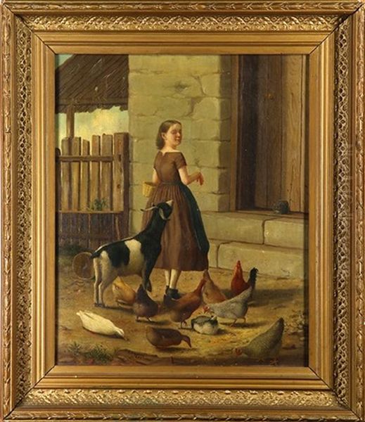 Girl Feeding Farm Animals Oil Painting by James Long Scudder