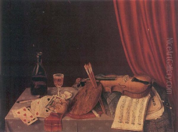 A Still Life With Wine And A Violin Oil Painting by James Long Scudder