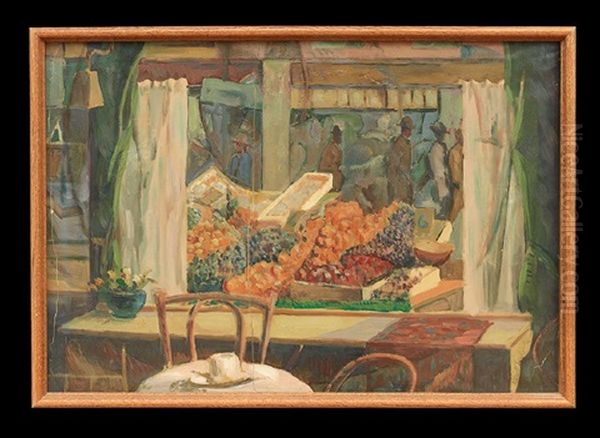 Cafe Interior View Of Street With Fruit Stalls Oil Painting by Elliott Seabrooke