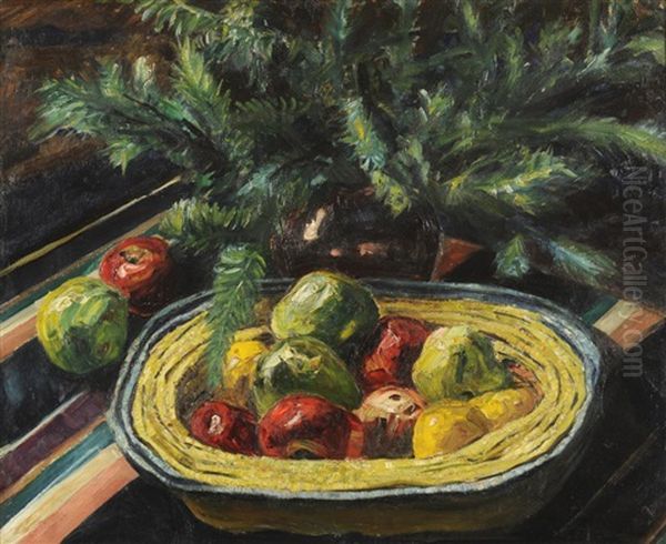 Still Life Of Apples And A Plant Oil Painting by Elliott Seabrooke