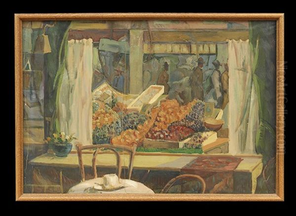 Cafe Interior View Of Street With Fruit Stalls Oil Painting by Elliott Seabrooke