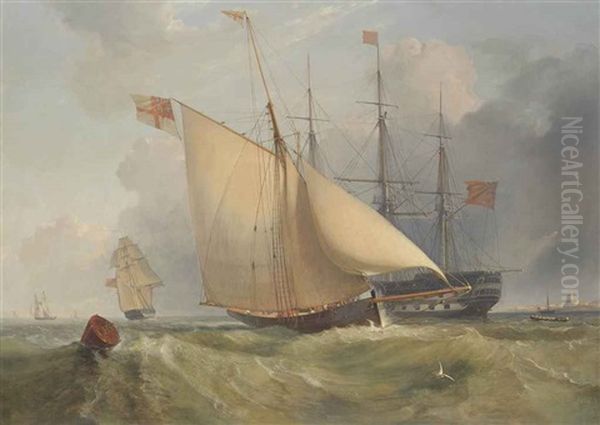 A Royal Navy Three-decker Lying In The Anchorage At Spithead With A Cutter Yacht Heading Into Portsmouth Off To Port Oil Painting by Charles Henry Seaforth