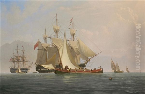 Ships Of The Mediterranean Fleet Lying Off The Maltese Coast, With Traditional Local Craft Nearby Oil Painting by Charles Henry Seaforth