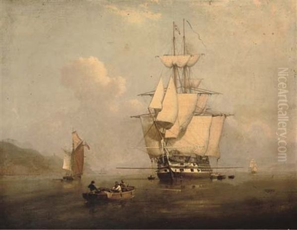 A Two-decker Drying Her Sails And Airing Ship, Lying At Anchor (+ A Frigate In Distress With A Fishing Boat Going To Her Rescue; Pair) Oil Painting by Charles Henry Seaforth