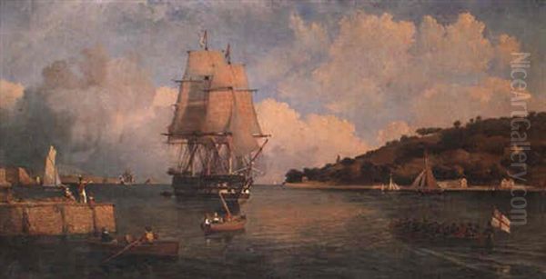 A Two-decker Entering Harbour Oil Painting by Charles Henry Seaforth