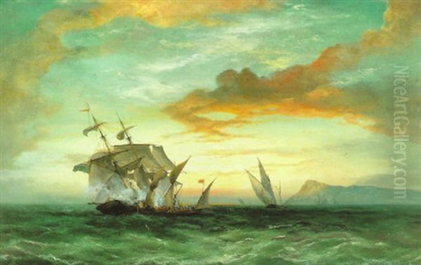 An English Brig Being Attacked By Corsair In The Straits Of Gibraltar Oil Painting by Charles Henry Seaforth