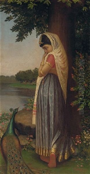 Untitled - Woman With A Peacock Oil Painting by Jogesh Chandra Seal