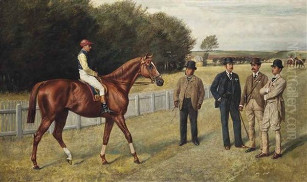 The Racehorse Kingswood With C. Wood Up, The Trainer Sherrad And Sir G. Chetwynnd, Bart., Lord Lurgan, And Mr E.h. Benson Standing Nearby Oil Painting by Allen Culpepper Sealy