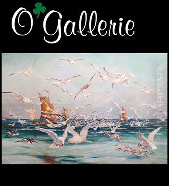 Panoramic Seascape With Ravenous Seagulls, Fishermen Boating Their Catch Oil Painting by Allen Culpepper Sealy