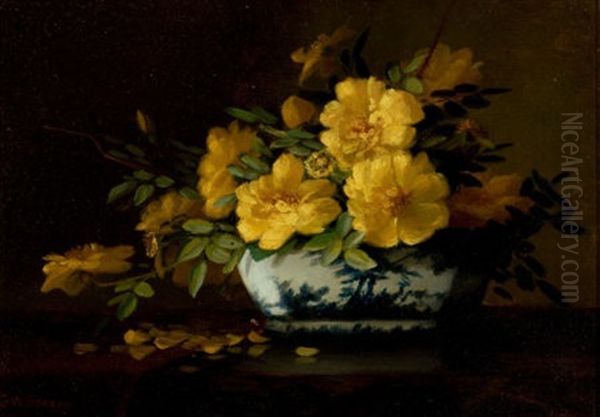 Still Life Of Yellow Roses In An Oriental Vase Oil Painting by George W. Seavey