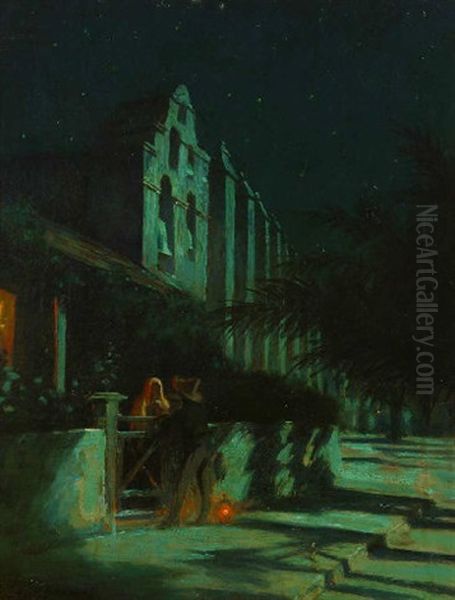 Figures In Nocturnal California Mission Scene Oil Painting by Harry Washington (Henry) Seawell