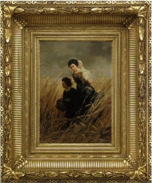 Mother And Children In A Wheat Field Oil Painting by Henri von Seban