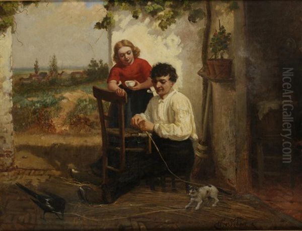 A Man And A Woman Repairing A Chair Oil Painting by Henri van Seben