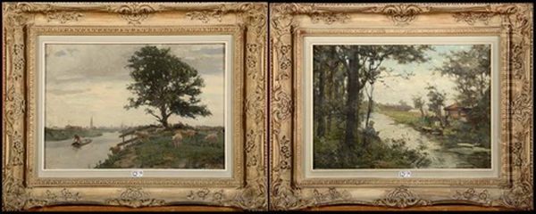 Paysage Anime Aux Moutons Et Pecheur Au Bord Du Ruisseau (pair) Oil Painting by Henri van Seben