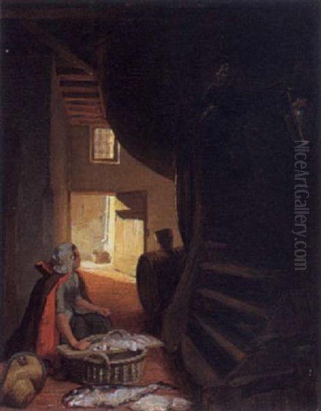 Vissersvrouw In Interieur Oil Painting by Henri van Seben