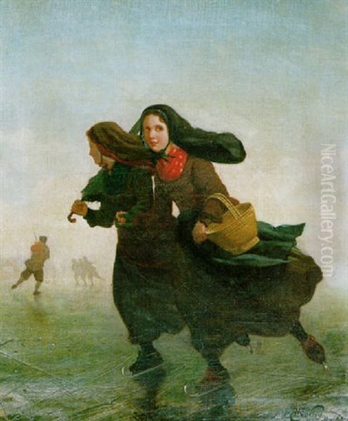 A Skating Party Oil Painting by Henri van Seben