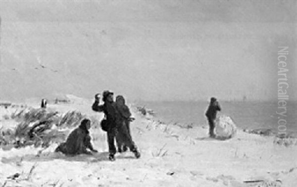 Snow Fun In The Dunes Oil Painting by Henri van Seben