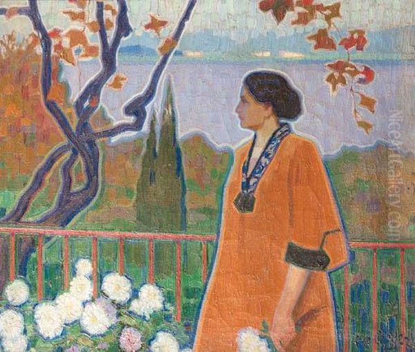 A Lady In An Autumn Landscape Near A Lake Oil Painting by Otto Boyer