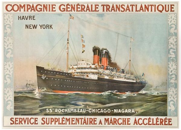 Compagnie Generale Transatlantique, Havre-new York Oil Painting by Albert Sebille