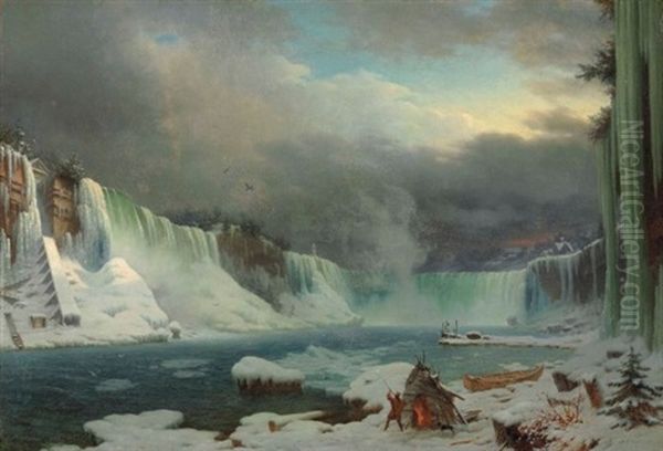 The Niagara Falls In Winter Oil Painting by Hippolyte Victor (Valentin) Sebron