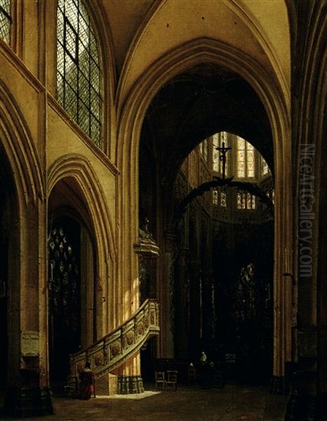 Interieur De L'eglise Saint-vincent A Rouen Oil Painting by Hippolyte Victor (Valentin) Sebron