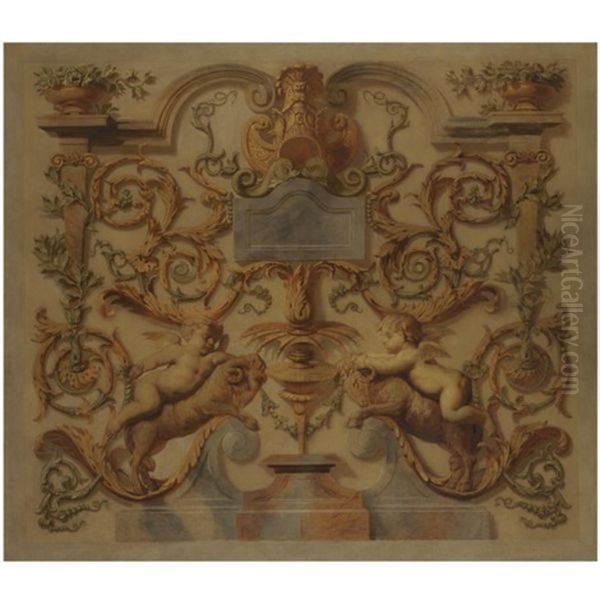 An Elaborate Trompe-l'oeil Sculpted Frieze With Putti Riding Rams Oil Painting by Charles Sechan