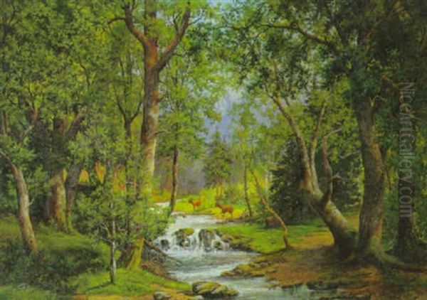 Rotwild Am Waldbach Oil Painting by Joseph Sedlacek