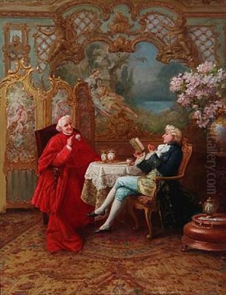 Rococo Interior With A Cardinal And A Gentleman At A Table Oil Painting by Stephan Sedlacek