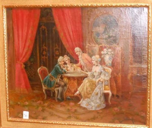 Parlor Scene With Ladies And Gentlemen Playing Cards Oil Painting by Stephan Sedlacek