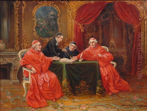 Cardinals And Clergymen In A Conversation Oil Painting by Stephan Sedlacek