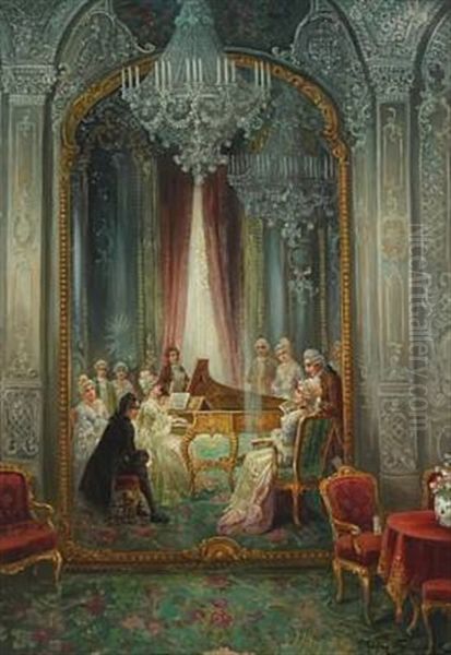 Rococo Interior With Persons In The Music Hall Oil Painting by Stephan Sedlacek