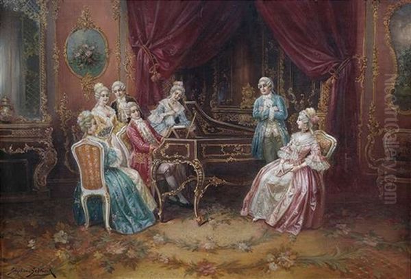 Eine Rokokogesellschaft Lauscht Im Salon Dem Spiel Eines Cembalisten Oil Painting by Stephan Sedlacek