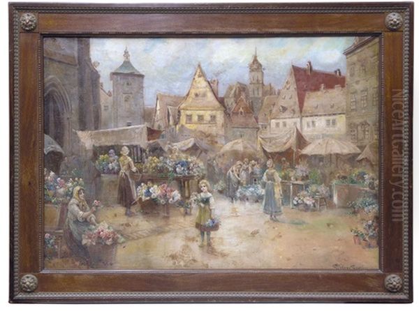 Flower Market Scene Oil Painting by Stephan Sedlacek