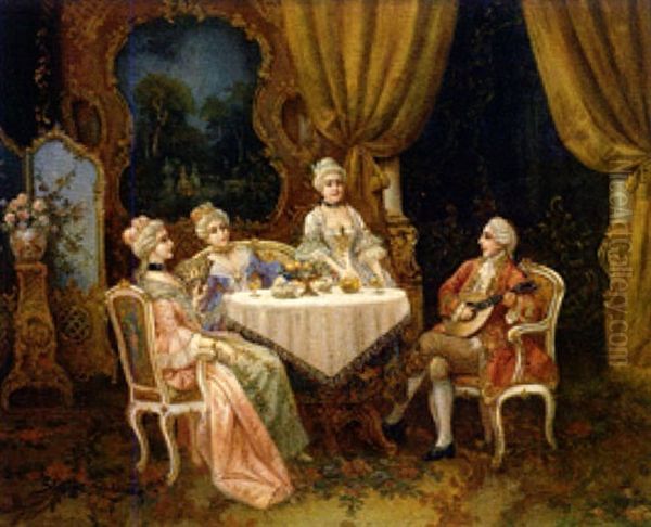 Rokokogesellschaft In Einem Salon Wird Von Mandolinenspieler Unterhalten Oil Painting by Stephan Sedlacek