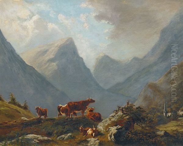 Cows In The High Alps Oil Painting by Joseph Anton Sedlmayr