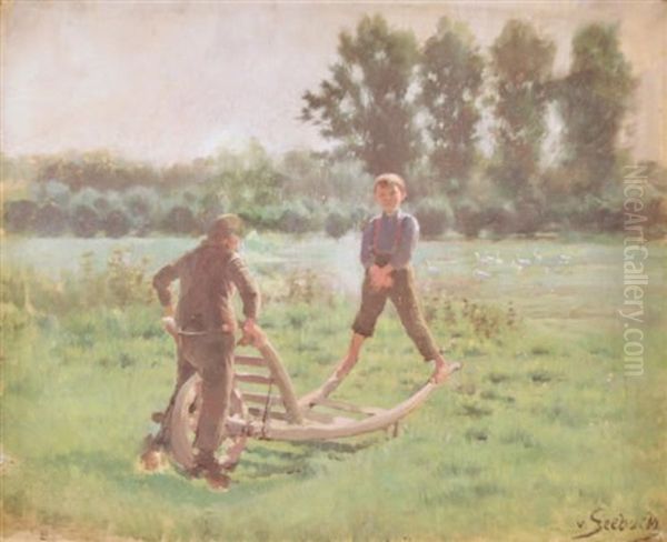 Enfants Jouant Avec Une Brouette Oil Painting by Lothar von Seebach