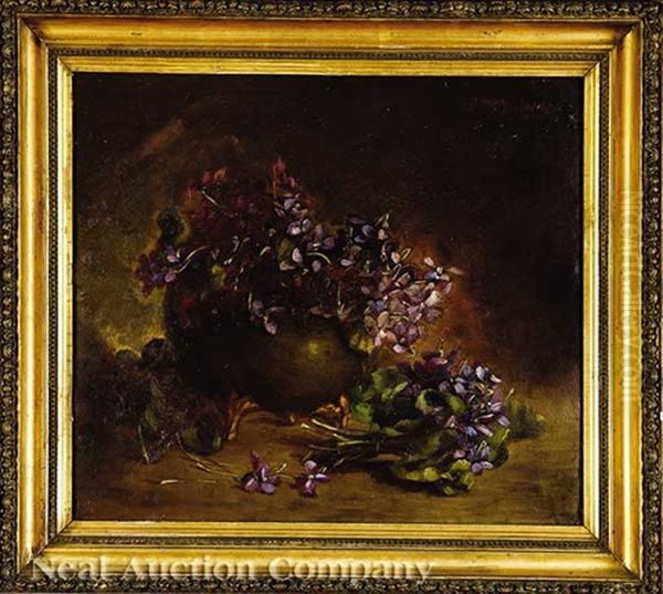 Still Life Of Violets In A Green Pottery Bowl Oil Painting by Marie Madeleine Seebold