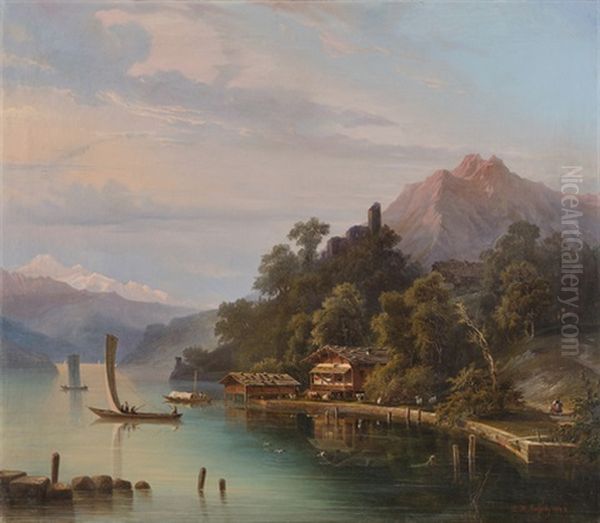 Ufer Des Vierwaldstattersees Mit Booten, Reizvoller Tier- Und Figurenstaffage Sowie Blick Auf Pilatus Und Habsburg by Hermann Ludwig Seefisch