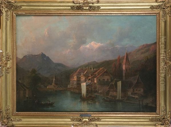 Ort An Einem Schweizer See Mit Blick Auf Ein Gebirgsmassiv Oil Painting by Hermann Ludwig Seefisch