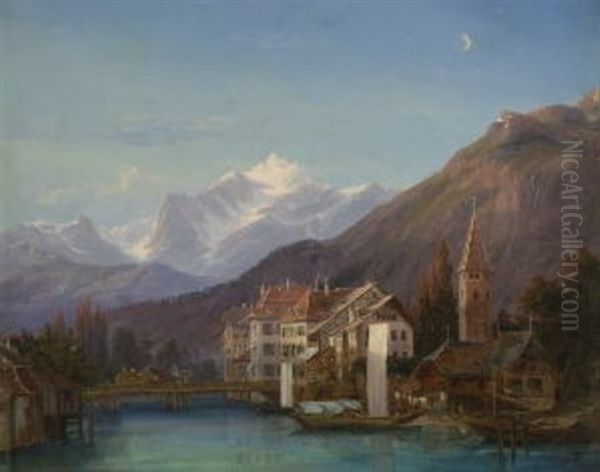 Interlaken - Blick Auf Das Jungfrau-massiv Oil Painting by Hermann Ludwig Seefisch