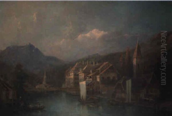 Blick Von Der Oberen Schleuse Auf Thun, Rechts Der Pulverturm Oil Painting by Hermann Ludwig Seefisch