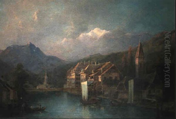 Blick Von Der Oberen Schleuse Auf Thun, Rechts Der Pulverturm Oil Painting by Hermann Ludwig Seefisch