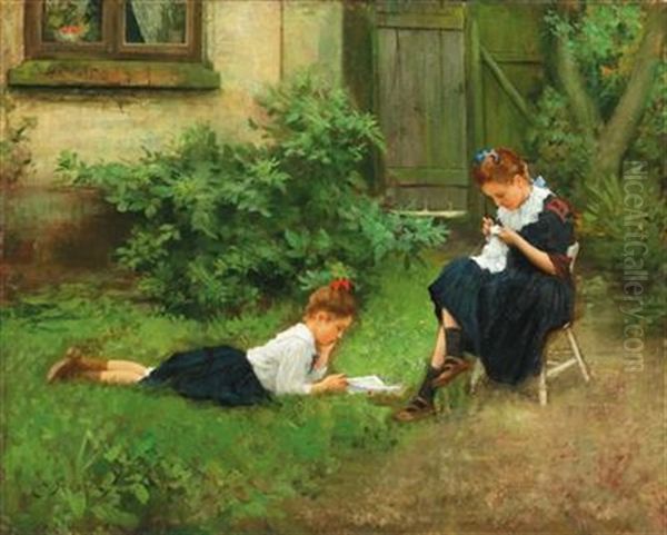 Leisure Hours Of Two Girls In The A Garden Oil Painting by Hermann Seeger