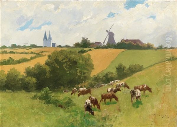 Herd Of Animals In A Summer Landscape Oil Painting by Hermann Seeger