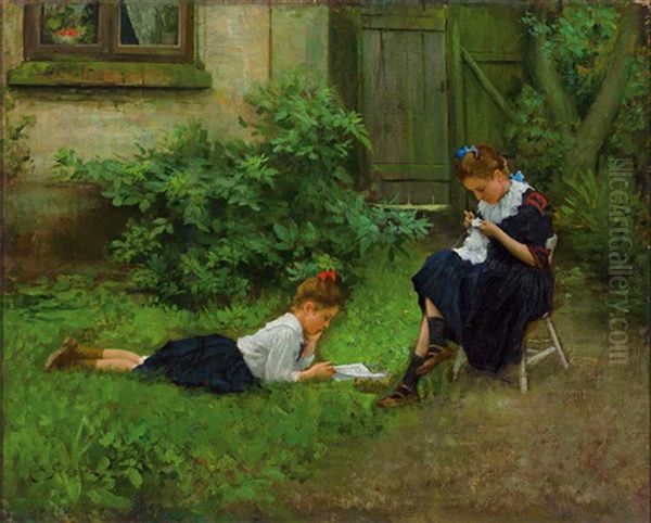 Zwei Reizende Kleine Madchen Im Garten Beim Lesen Und Sticken Oil Painting by Hermann Seeger