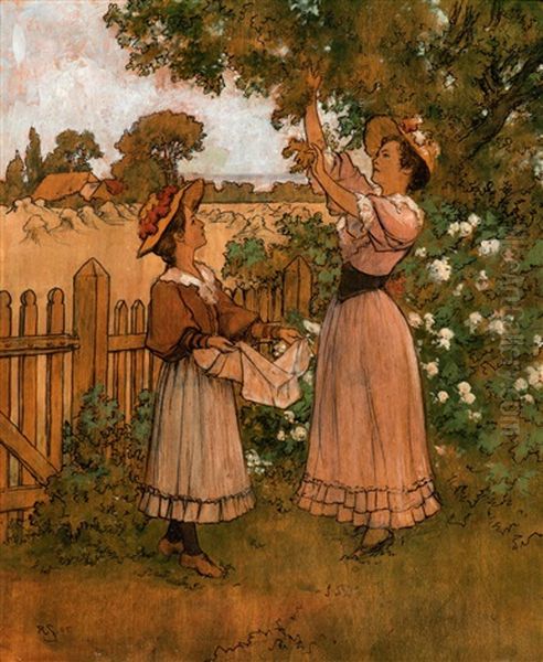 Two Girls Picking Leaves Oil Painting by Hermann Seeger