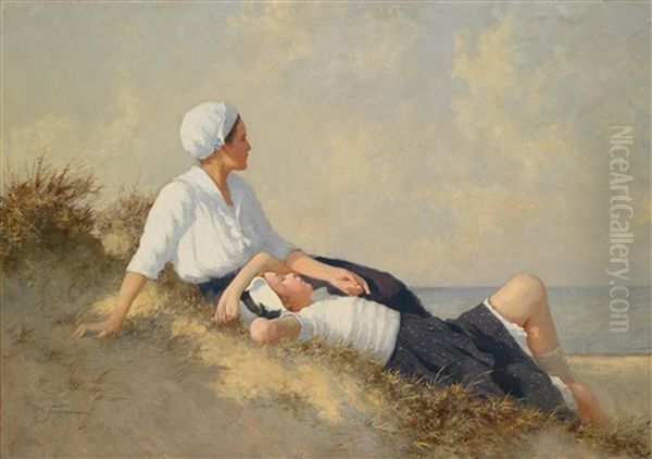 Mutter Und Tochter Am Strand Oil Painting by Hermann Seeger