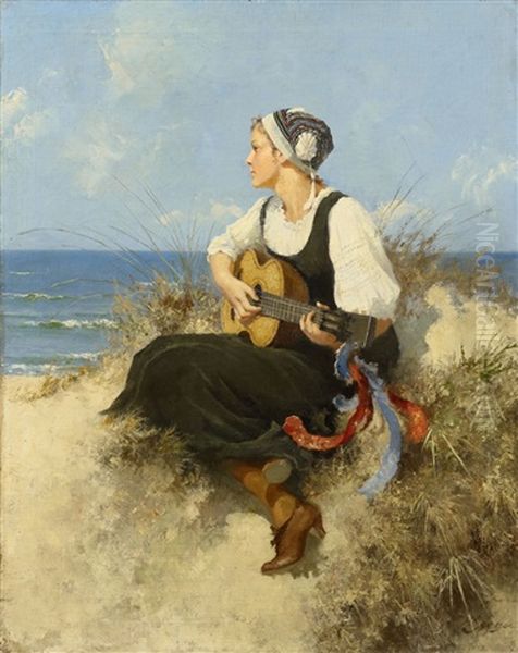 Young Woman With A Guitar On A Beach Oil Painting by Hermann Seeger